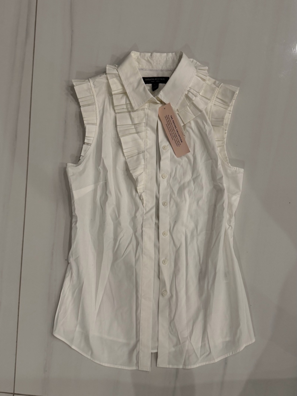 New Banana Republic Sleeveless Ruffle-Trim Button Front Blouse - White